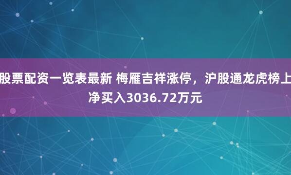 股票配资一览表最新 梅雁吉祥涨停，沪股通龙虎榜上净买入3036.72万元